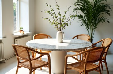 Bright dining area bathed in sunlight. Round marble table with wicker chairs. Vase of branches adds touch of nature to minimalist aesthetic. Open space creates cozy, inviting atmosphere. Perfect for