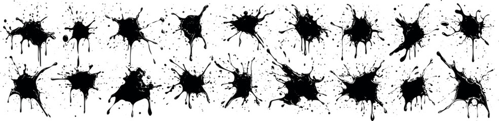 Black ink dripping and splashing. Blots, spots, paint splashes. Vector isolated silhouette set