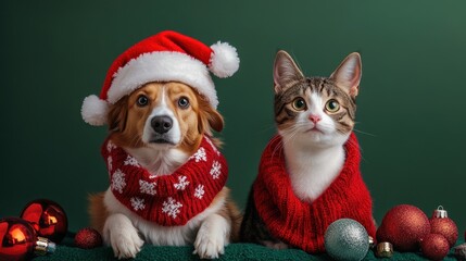 A dog and cat sitting together, dressed in Christmas with a red hat on a green background. 