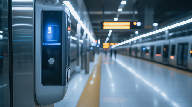 Subway Station Entrance: A futuristic close-up of a sleek, modern subway station entrance with a digital access panel. The image evokes a sense of high-tech urban transportation.