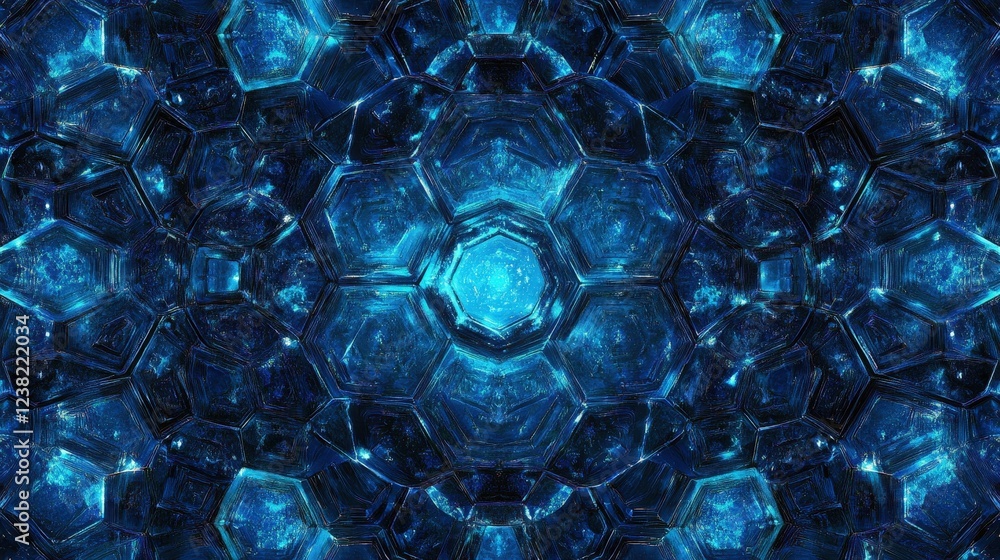 Poster seamless digital pattern with overlapping hexagons and glowing blue highlights
