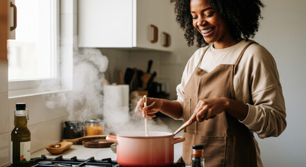 Smiling African American woman cooking in kitchen with apron and steaming pot