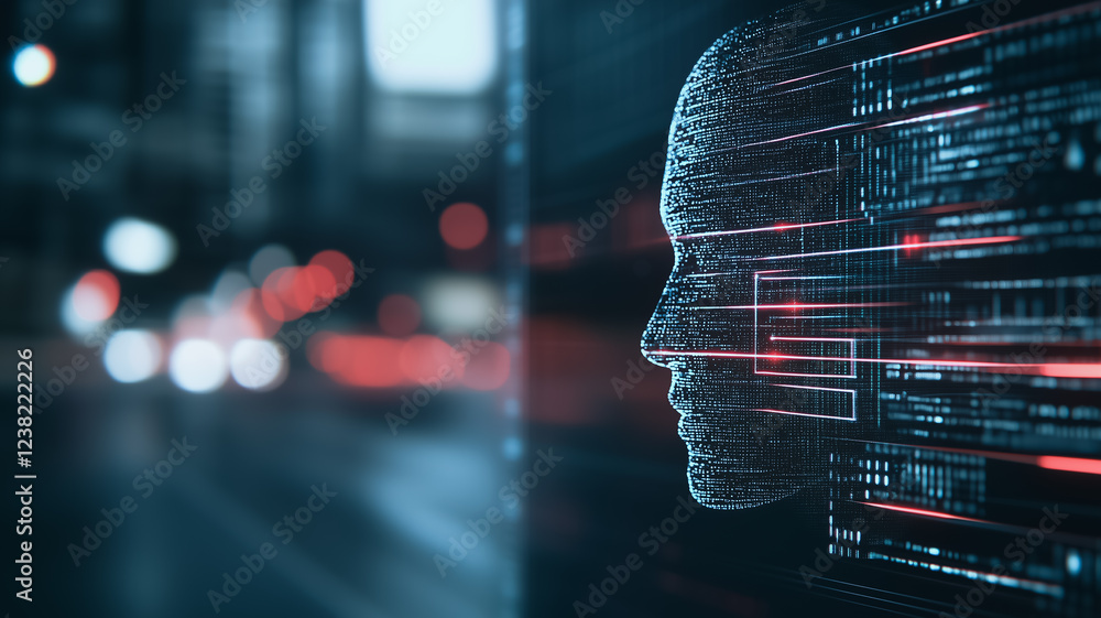 Poster digital mind: a futuristic, abstract portrait of a human face composed of digital code and data stre
