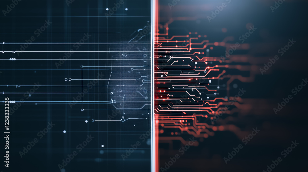 Poster digital divide: abstract illustration of a digital divide, with lines of code on one side representi