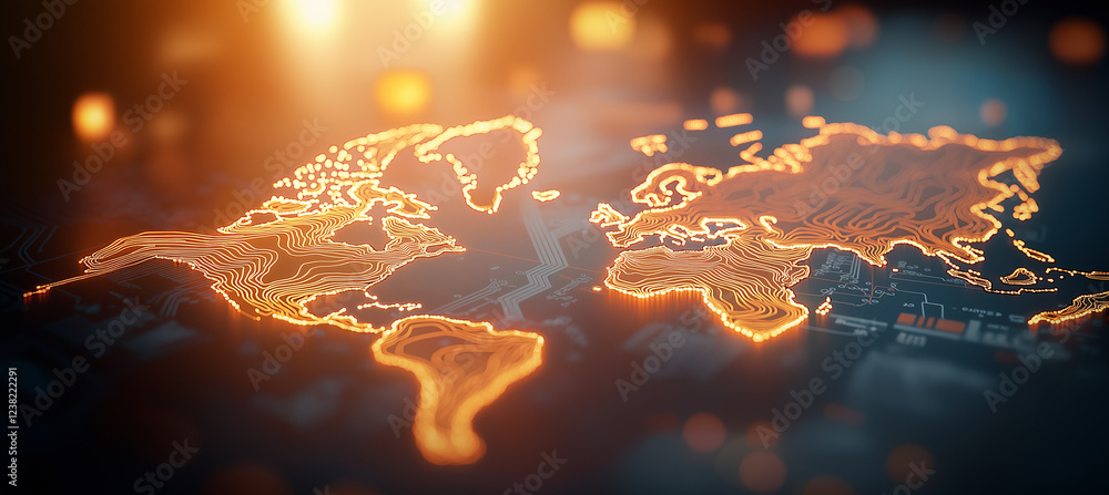 Poster digital world map with glowing circuit lines and lights, representing technology and connectivity. v