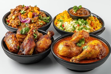 Fototapeta premium Delicious Indian chicken dishes, rice, and curry. Perfect for restaurant menus, food blogs, or recipe websites.