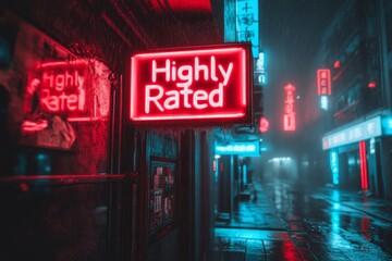 A cyberpunk-themed scene of a neon-lit sign displaying &acirc;&euro;&oelig;Highly Rated&acirc;&euro; with holographic effects, placed in a futuristic city street filled with glowing advertisements