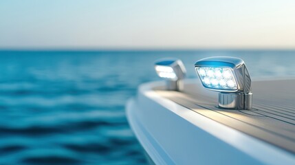 Obraz premium Bright navigation lights illuminate the water at dusk on a yacht showcasing its sleek design and functionality in a tranquil marine environment