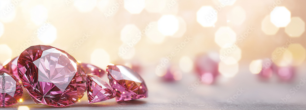 Poster shimmering pink diamonds scattered on soft surface, creating luxurious and elegant atmosphere. backg
