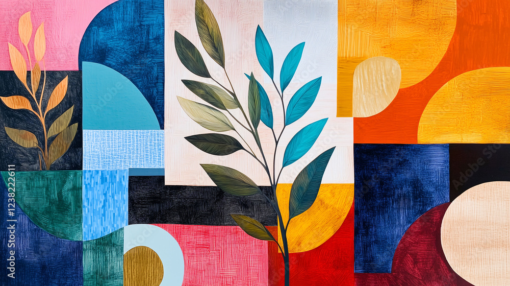 Poster contemporary abstract collage showcases harmonious color and dynamic shapes in modern artwork. gener
