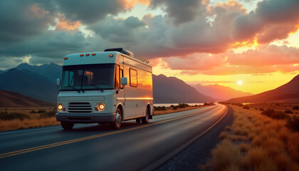 Obraz premium Motorhome travels on highway at sunset. Scenic route through mountains. Golden hour light. Road trip adventure. Relaxing vacation. Exploration. Nature landscape. Wanderlust.