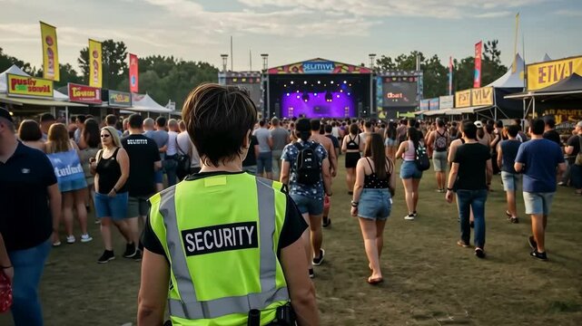 ecurity woman, event and crowd at festival for music concert, safety and people control. Female person, uniform and crowd control with security guard for protection and festival surveillance