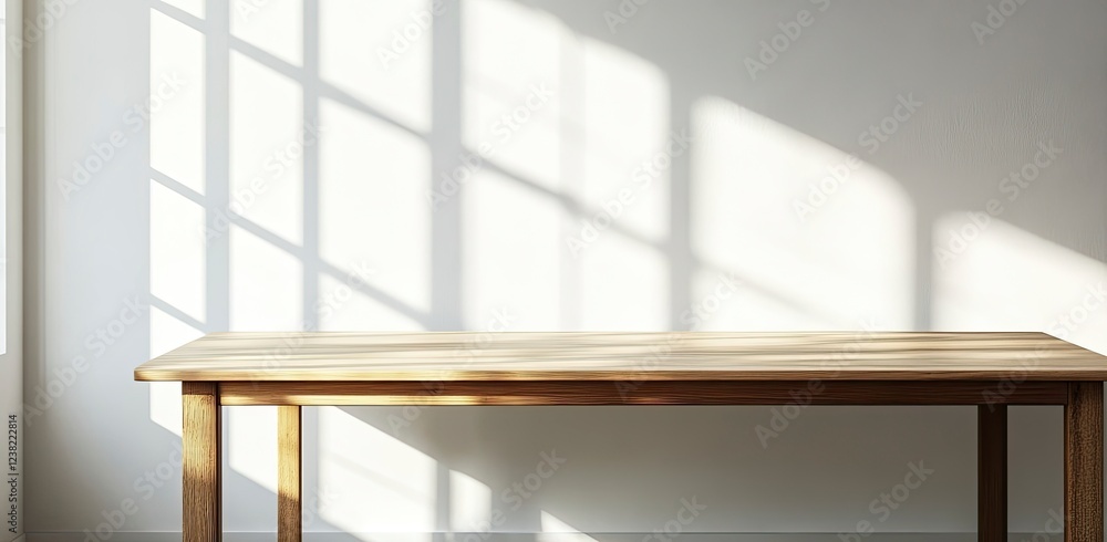 Poster empty wooden table and white wall background with window light shadow for product display mockup, cl