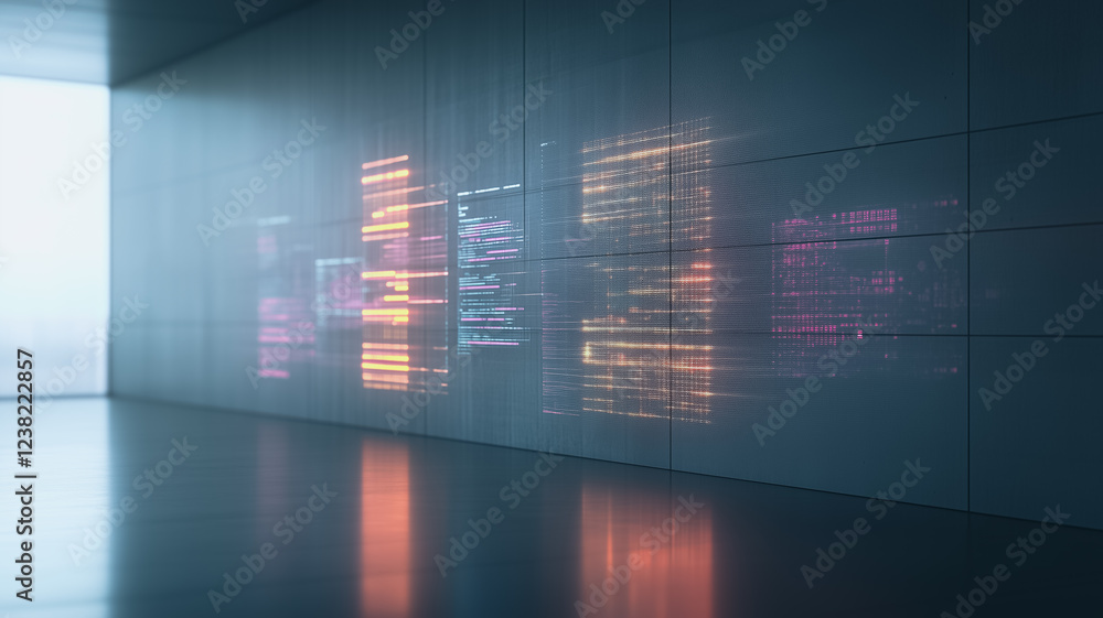 Poster data stream wall: abstract visualization of data streams flowing on a futuristic concrete wall, show