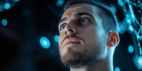 Software developer analyzing data flow in futuristic digital environment