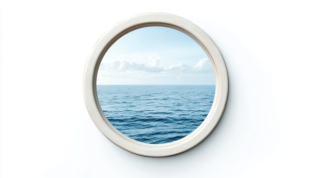 Yacht porthole view showcasing tranquil ocean waters and a clear sky on a bright day, highlighting the serenity of the nautical experience