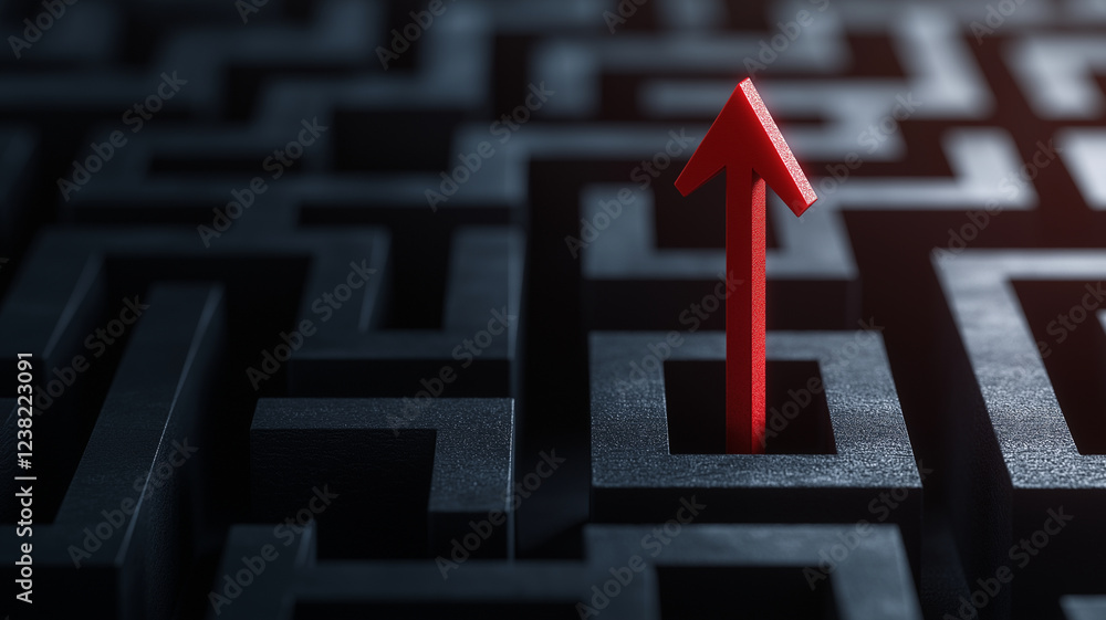 Poster red arrow pointing upward emerges from black maze, symbolizing direction and success. this striking 