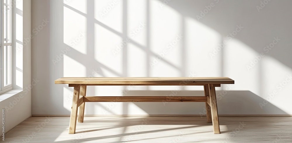 Poster empty wooden table and white wall background with window light shadow for product display mockup, cl