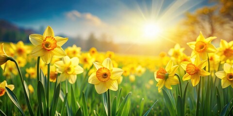 Fototapeta premium Vibrant daffodil flowers in a lush green meadow on a sunny day, flowers, sunshine, flowers, sunshine, colorful
