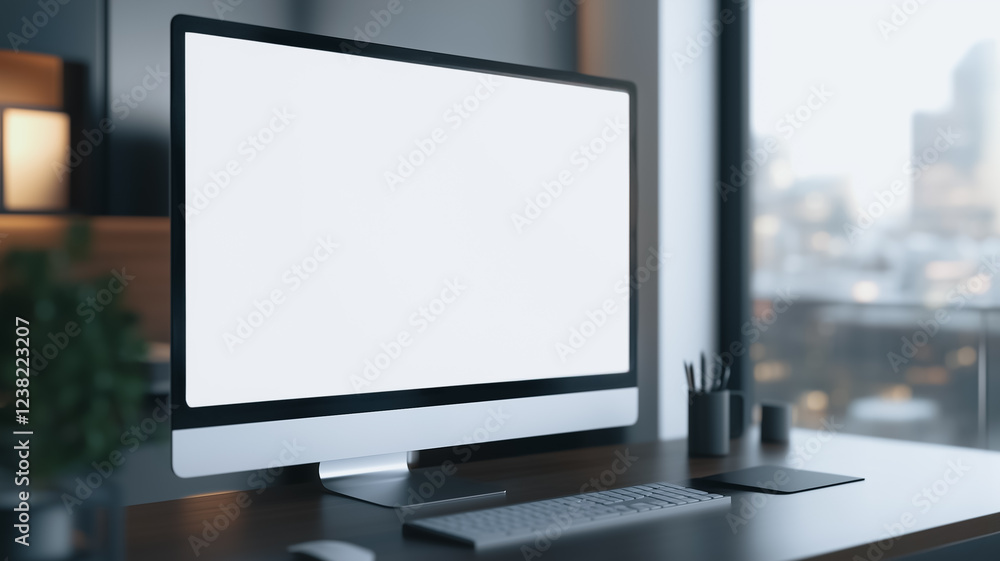 Poster desktop mockup with blank screen: a sleek and modern desktop computer with a blank screen sits on a 