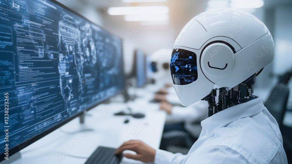 Poster ai robotic analyst: a futuristic image showing a humanoid robot wearing a lab coat, diligently worki