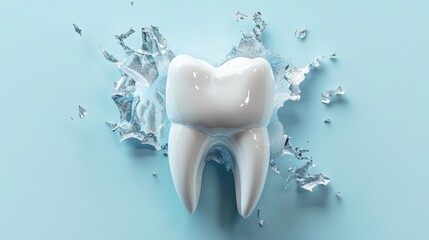 Single, healthy tooth amidst shattered ice. Illustrates dental health, strength, and resilience.