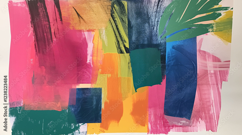 Poster contemporary abstract collage displaying vibrant colors and harmonious shapes in a modern compositio