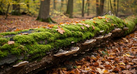 Moss Covered Log with Mushrooms Autumn Forest Scene