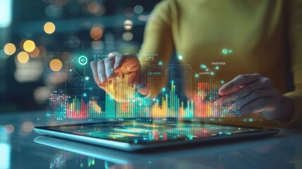 Professional woman analyzing digital data on a tablet, vibrant graph overlays, modern office background, showcasing data visualization and technology innovation