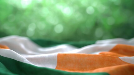 Close-up of irish flag with green orange and white stripes blurred background