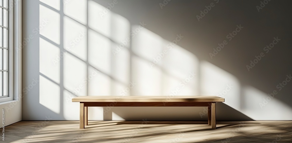 Poster empty wooden table and white wall background with window light shadow for product display mockup, cl