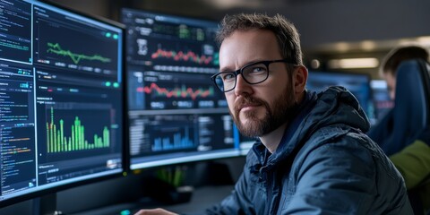 It specialist working on computer with multiple monitors showing software code and data analysis charts