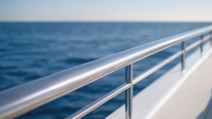 Fototapeta premium Yacht railing shining brightly against a serene ocean backdrop capturing the beauty of nautical design and maritime tranquility in daylight
