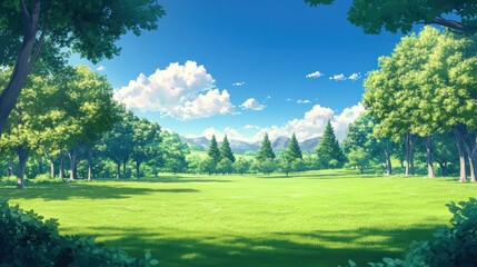serene afternoon in a city park, with wide green lawns surrounded by trees and gentle hills