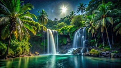 Naklejka premium Moonlit waterfall cascades through lush rainforest, illuminating dark waters beneath palm trees in an exotic paradise.