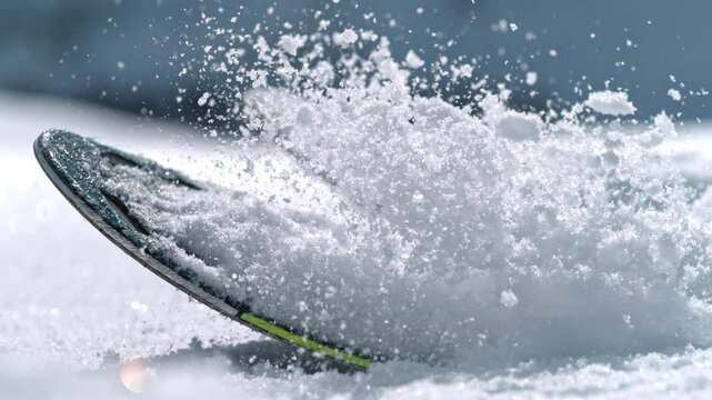 Detail of a ski with snow flying in the air , super slow motion at 1000 fps