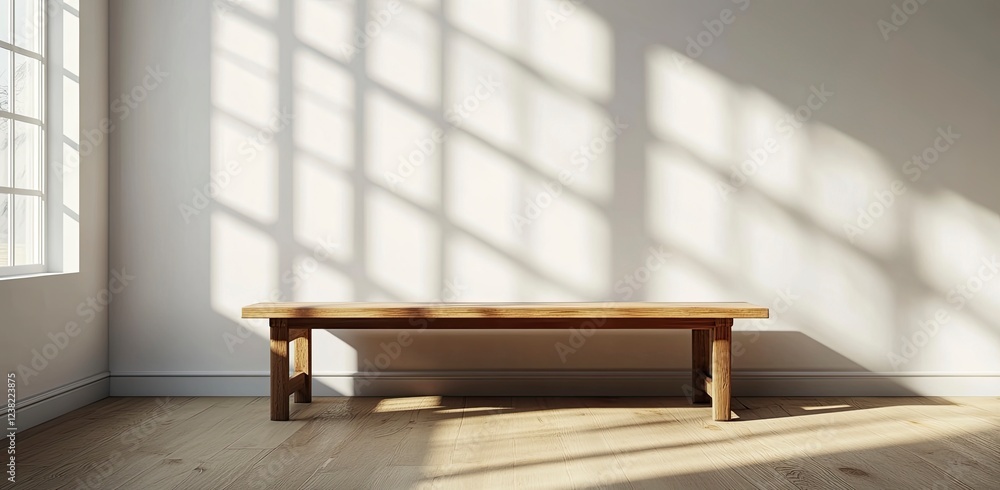 Poster empty wooden table and white wall background with window light shadow for product display mockup, cl