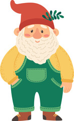 Cheerful garden gnome with a long white beard, dressed in green overalls, a yellow shirt, and a red pointed hat, standing with one hand in his pocket and smiling