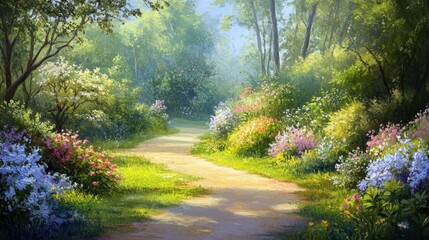 serene and peaceful garden path meanders through a vibrant, lush garden.
