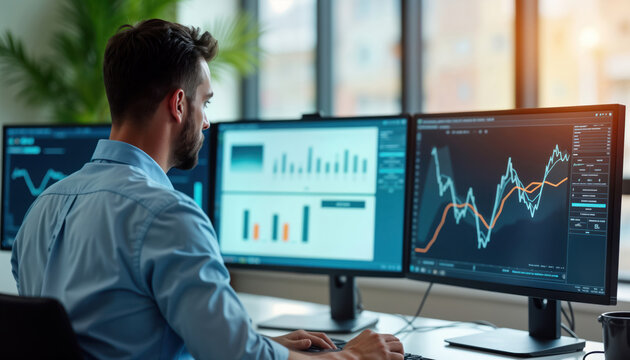 Businessman reviewing sales data on multiple computer screens in modern office. Analyzes business growth trends. Sits at desk focused on financial information. Modern office environment. Analyzing