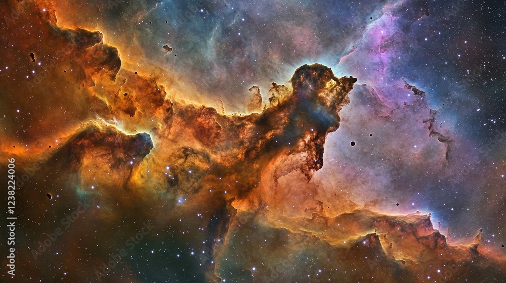 Poster a serene asteroid field drifting in front of a massive, colorful nebula, creating a scene of tranqui