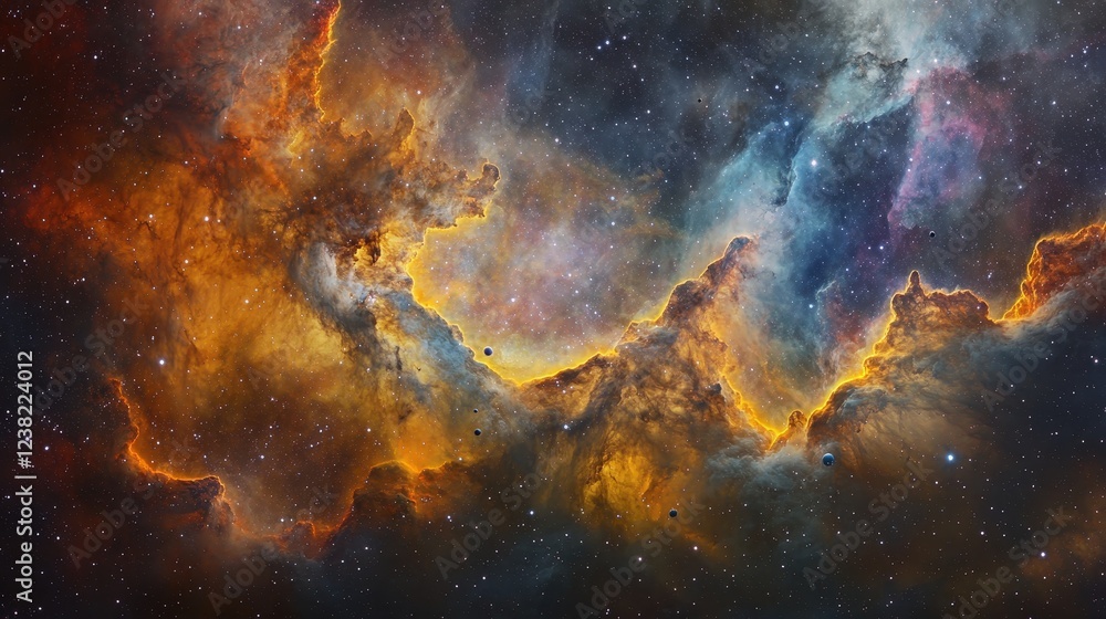 Poster a serene asteroid field drifting in front of a massive, colorful nebula, creating a scene of tranqui