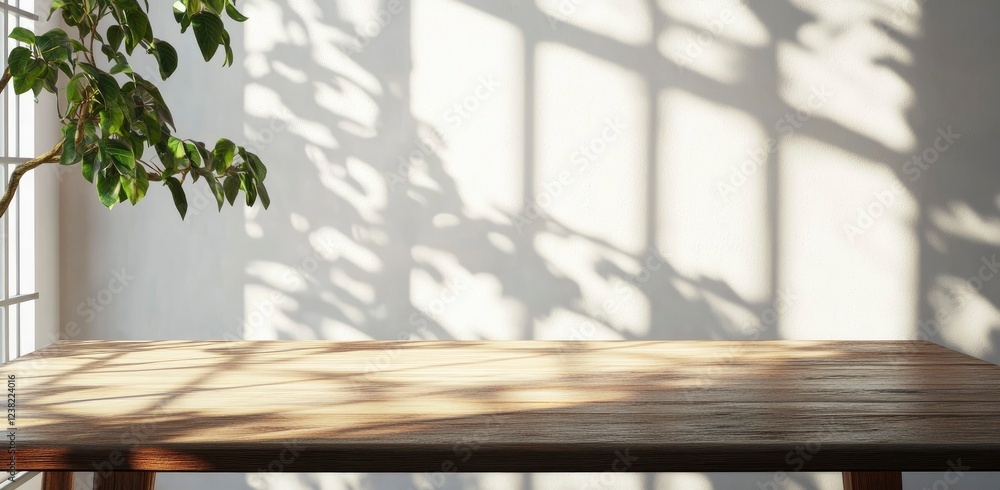 Poster empty wooden table and white wall background with window light shadow for product display mockup, cl