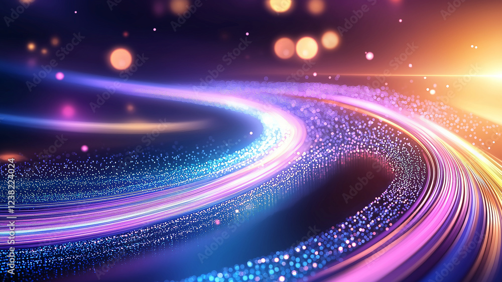 Poster colorful abstract background with vibrant blue and purple swirls, illuminated by soft bokeh lights, 