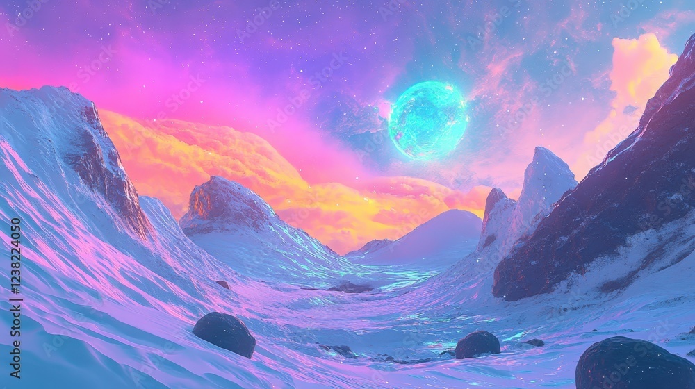 Poster a serene asteroid field drifting in front of a massive, colorful nebula, creating a scene of tranqui