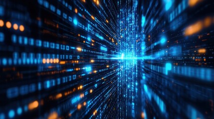 Fototapeta premium Abstract blue and orange digital code streams. Illustrates data flow, technology, or the internet.
