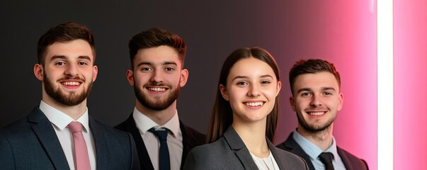Fototapeta premium Reunion party concept. Professional team portrait with diverse individuals in business attire against a modern backdrop.