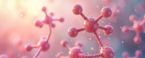 Obraz premium Molecular structure of water. Pink spheres represent atoms, pink tubes represent chemical bonds. Water molecules display transparent appearance. Image suitable for educational material. Science