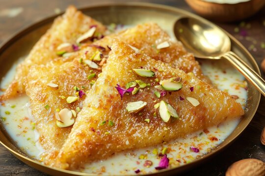 Indian Dessert Shahi Tukda on a Royal Golden Plate with Rabdi, Nuts, and Rose Petals
