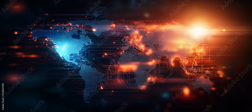 Poster digital world map with glowing lights and circuit patterns, showcasing futuristic design. vibrant co